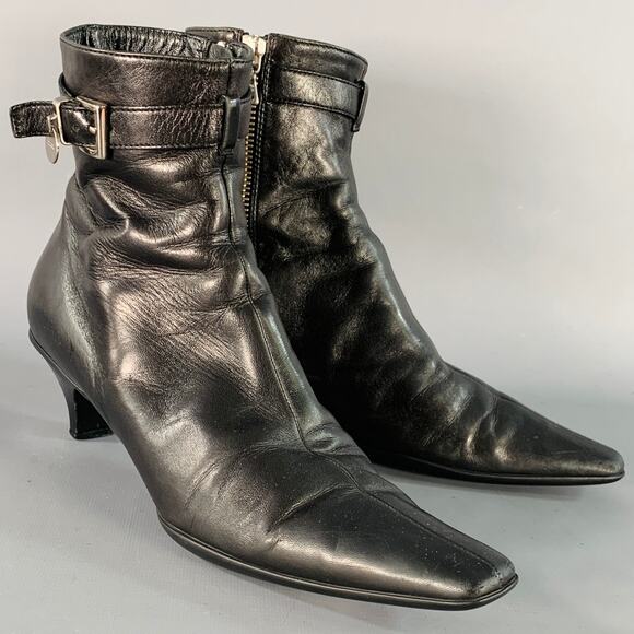 PRADA Size 7 Black Leather Kitten Heel Side Zipper Belted Ankle Boots - Picture 1 of 10